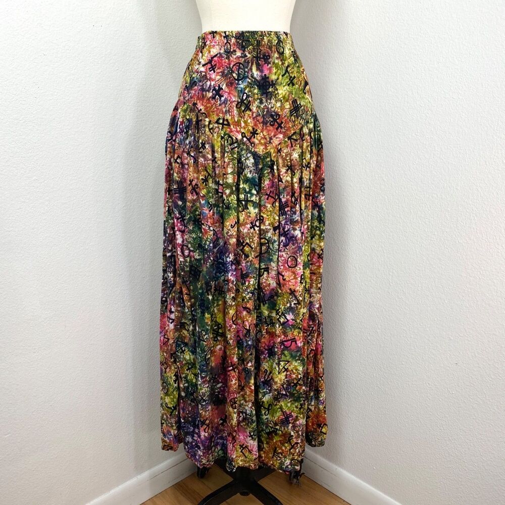 Vtg Flamingo Tye Dye Maxi Skirt Med Colorful Gypsy Magic Symbols Elastic Waist